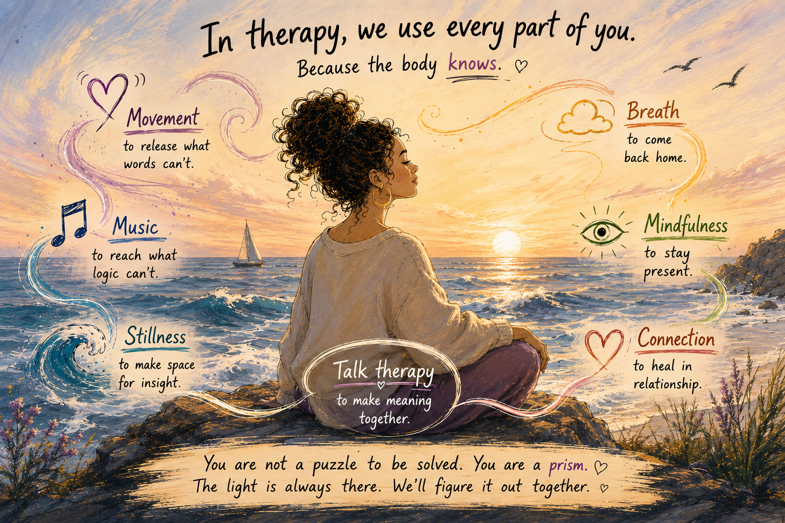 In therapy, we use every part of you — movement, music, breath, stillness, mindfulness, connection, and talk therapy to make meaning together.